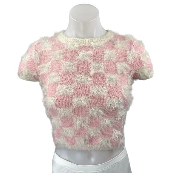 Forever 21 Pink White Checkered Plaid Faux Fur Short Sleeve Crop Sweater Top S - Picture 2 of 4